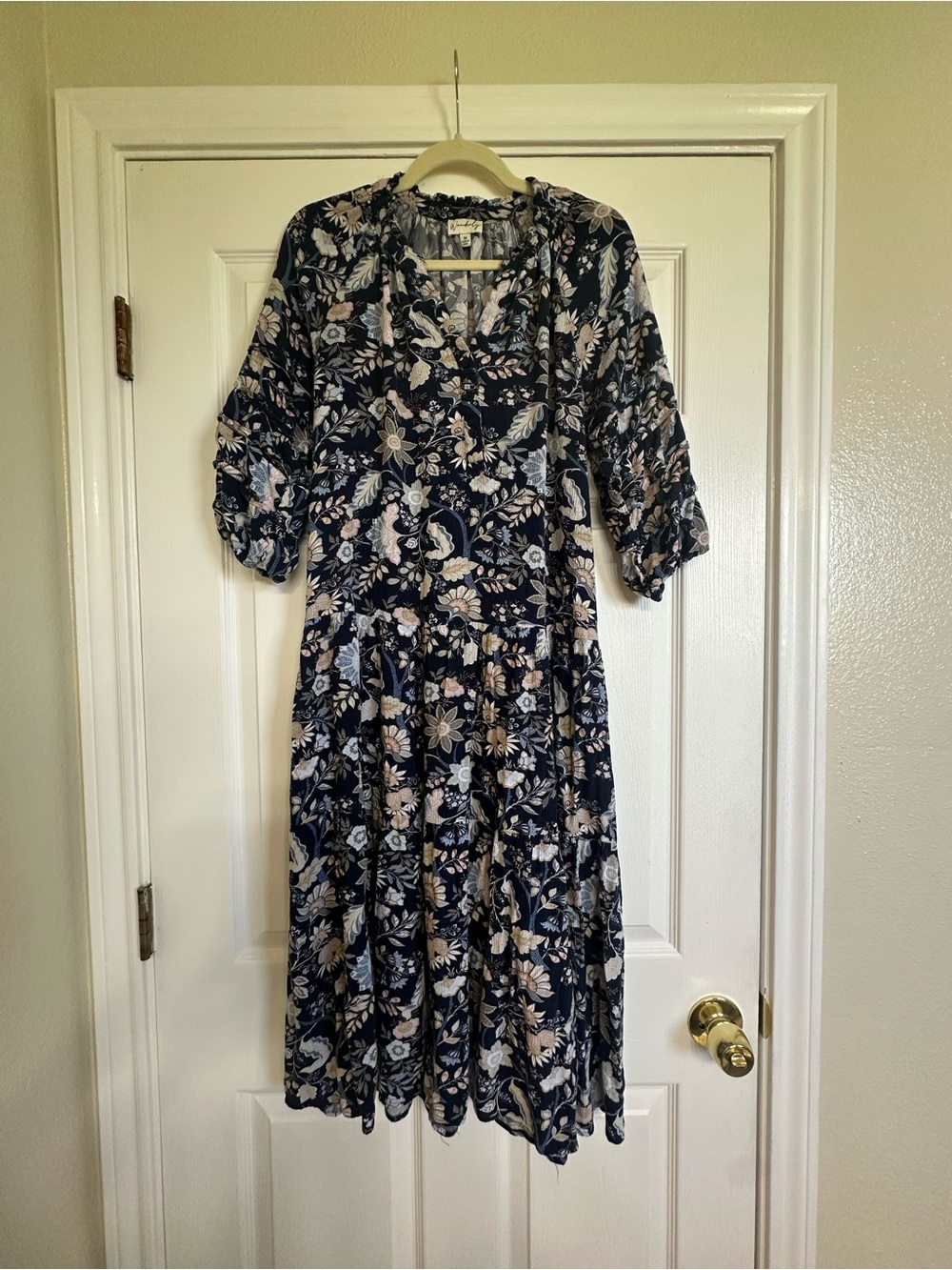 Floral Navy Midi Button front Dress with Puff Sleeves
